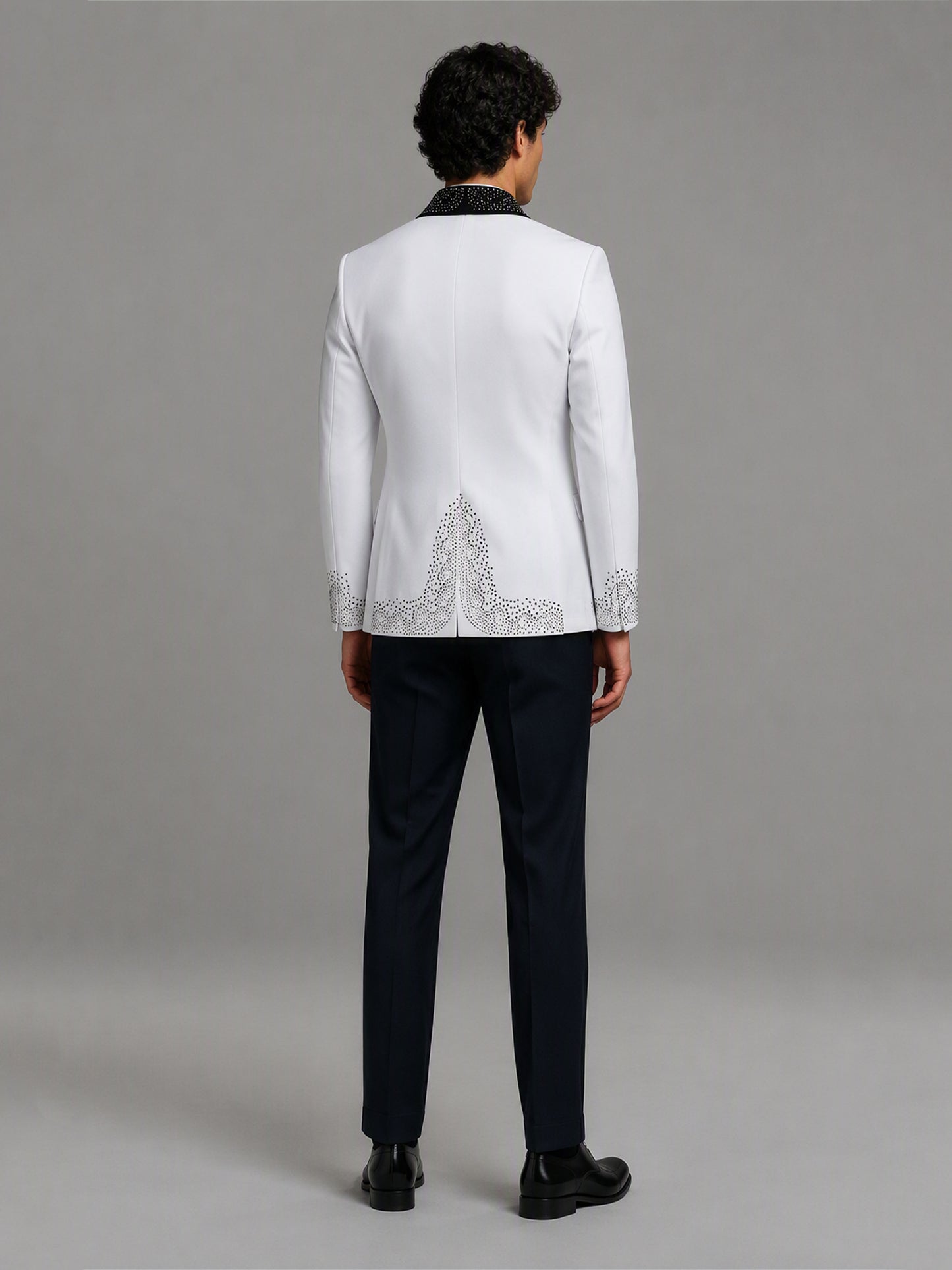 Savile GA0152 Men's White Rhinestone Tuxedo Set – Front Full Body View with Black Shoes