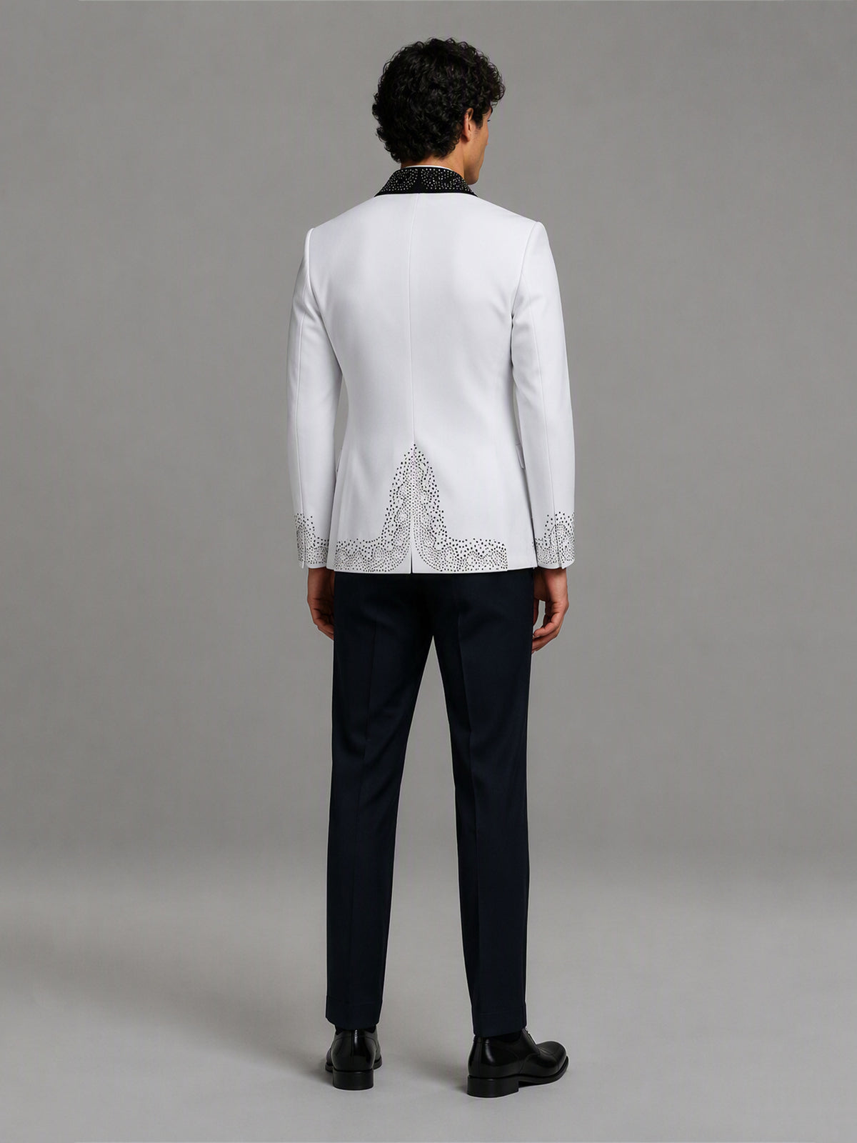 Savile GA0152 Men's White Rhinestone Tuxedo Set – Front Full Body View with Black Shoes