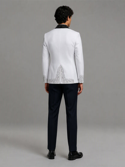 Savile GA0152 Men's White Rhinestone Tuxedo Set – Front Full Body View with Black Shoes