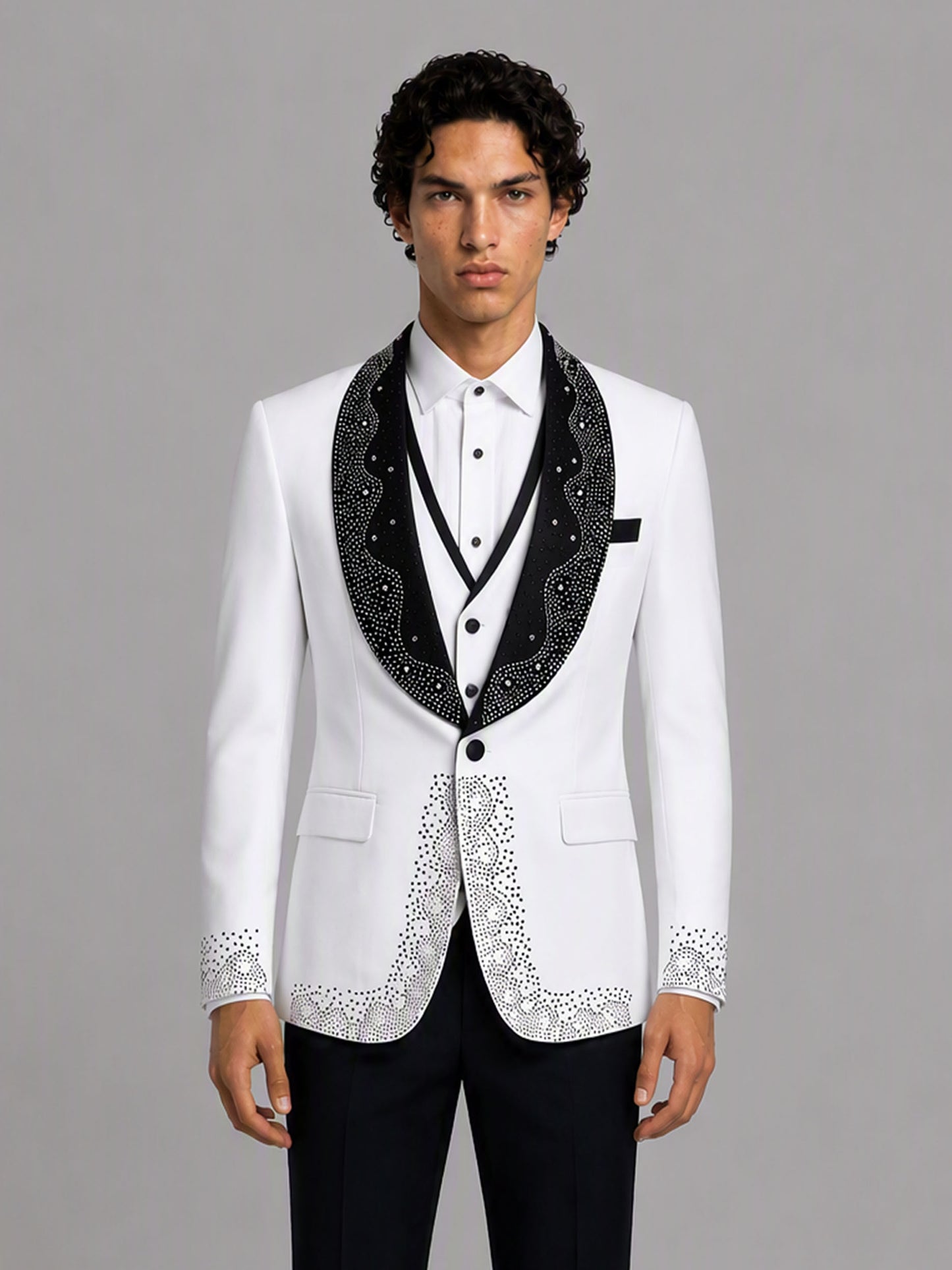 Savile GA0152 Men's White Rhinestone Tuxedo Set – Back View Showing Crystal Hem & Cuff Detail