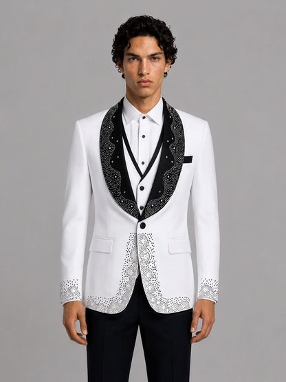 Savile GA0152 Men's White Rhinestone Tuxedo Set – Back View Showing Crystal Hem & Cuff Detail