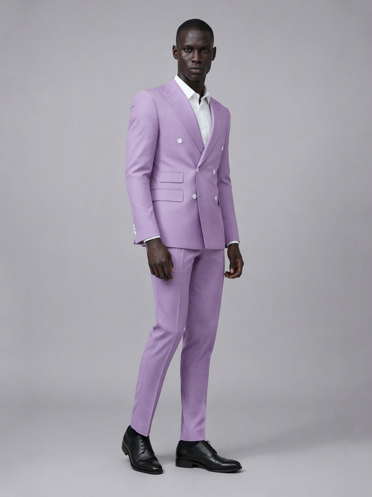 Savile GA0153 Men's Lavender Double-Breasted Pinstripe Suit – Front Full Body View with Black Shoes