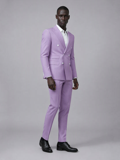 Savile GA0153 Men's Lavender Double-Breasted Pinstripe Suit – Front Full Body View with Black Shoes