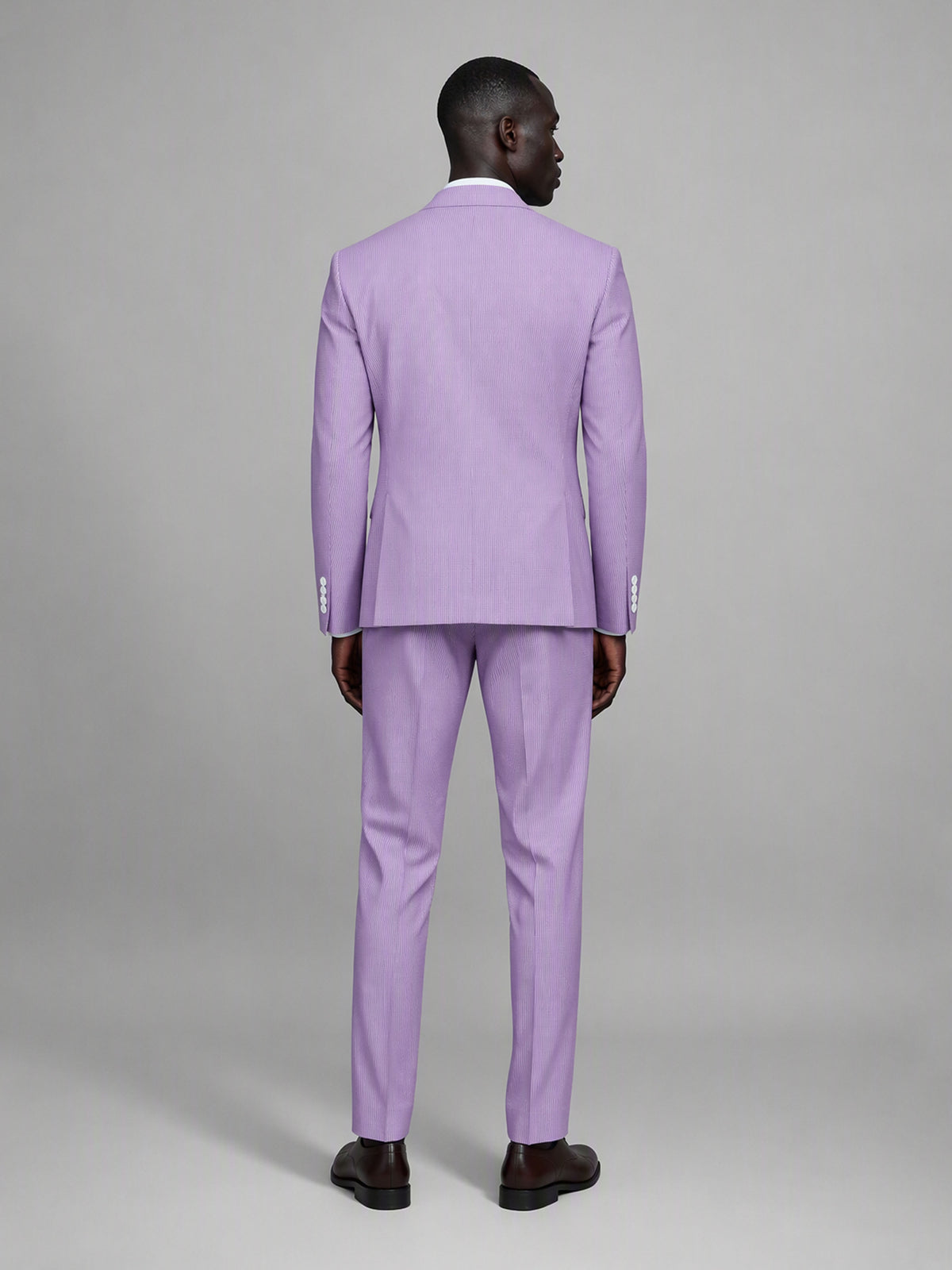 Savile GA0153 Men's Lavender Double-Breasted Pinstripe Suit – Back View with Brown Shoes
