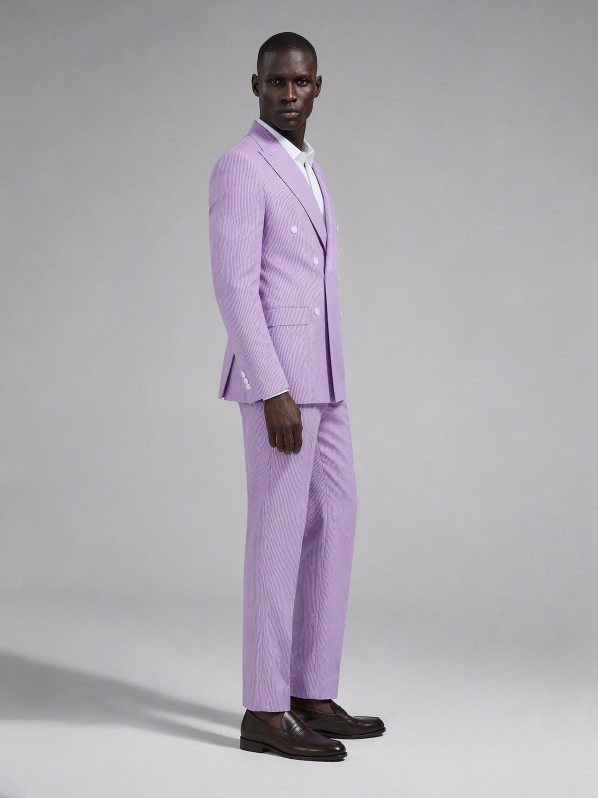 Savile GA0153 Men's Lavender Double-Breasted Pinstripe Suit – 3/4 Angle Front View with Black Oxford Shoes