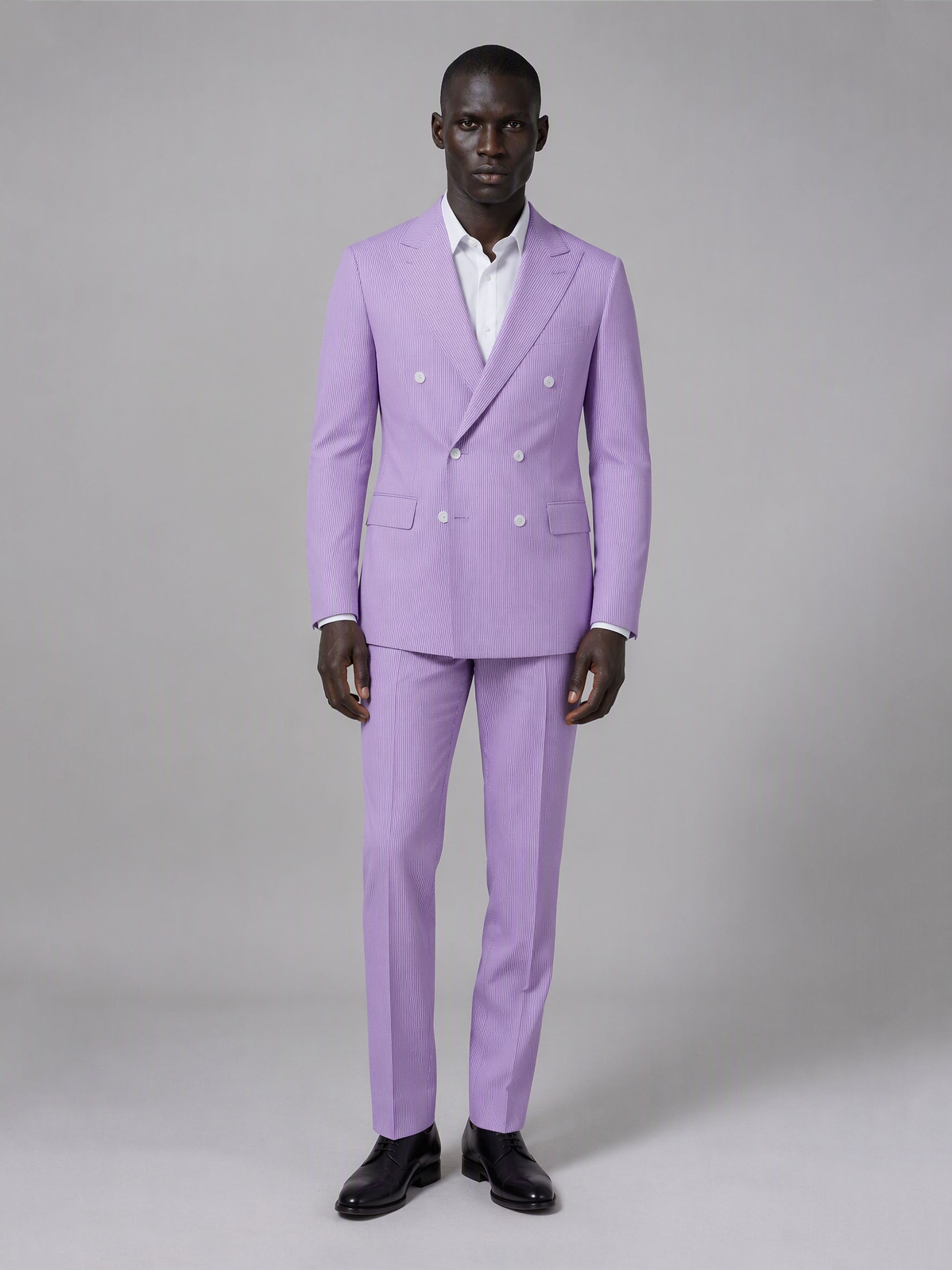 Savile GA0153 Men's Lavender Double-Breasted Pinstripe Suit – Side Profile View with Brown Loafers