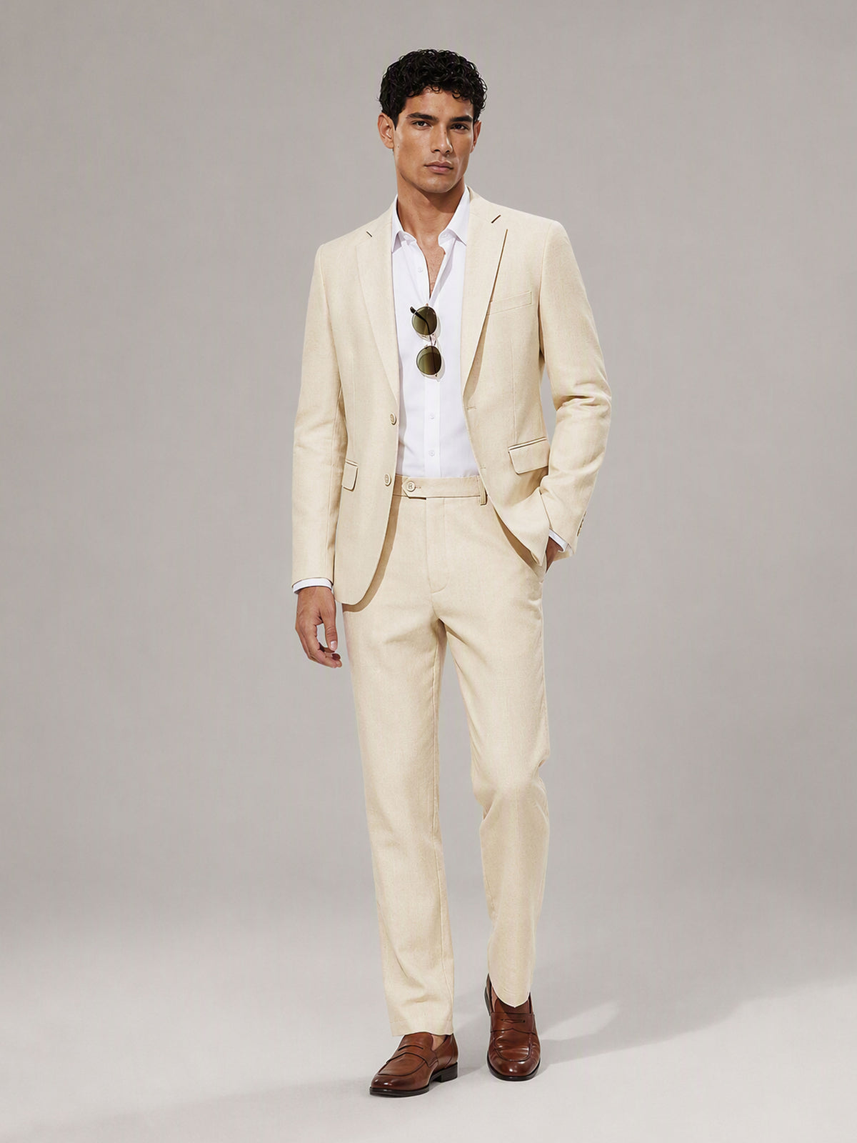 Savile GA0154 Men's Cream Linen Suit Set – Back View with Brown Shoes