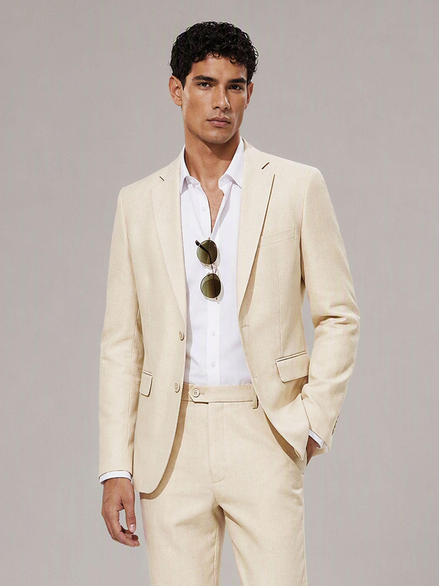 Savile GA0154 Men's Cream Linen Suit Set – Front Full Body View with Brown Loafers