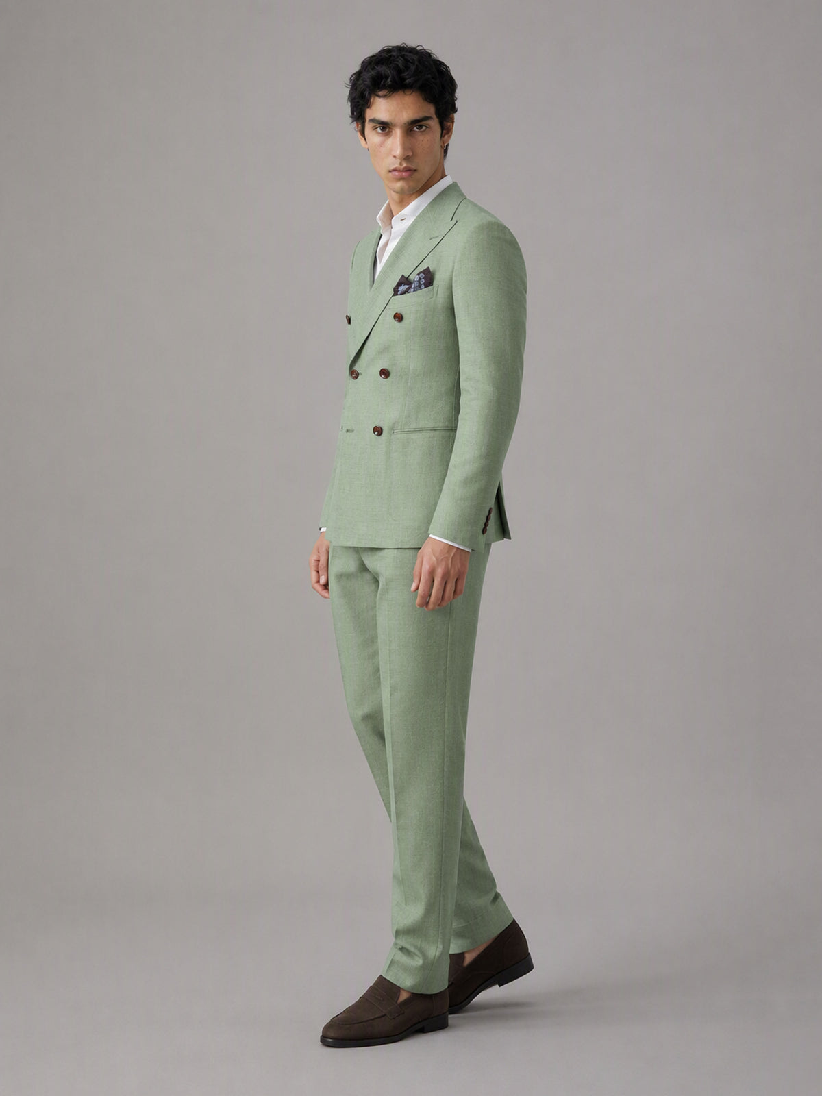 Savile GA0155 Men's Sage Green Double-Breasted Linen Suit – Front Full Body View with Brown Oxford Shoes