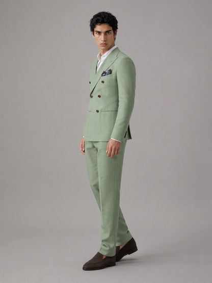 Savile GA0155 Men's Sage Green Double-Breasted Linen Suit – Front Full Body View with Brown Oxford Shoes