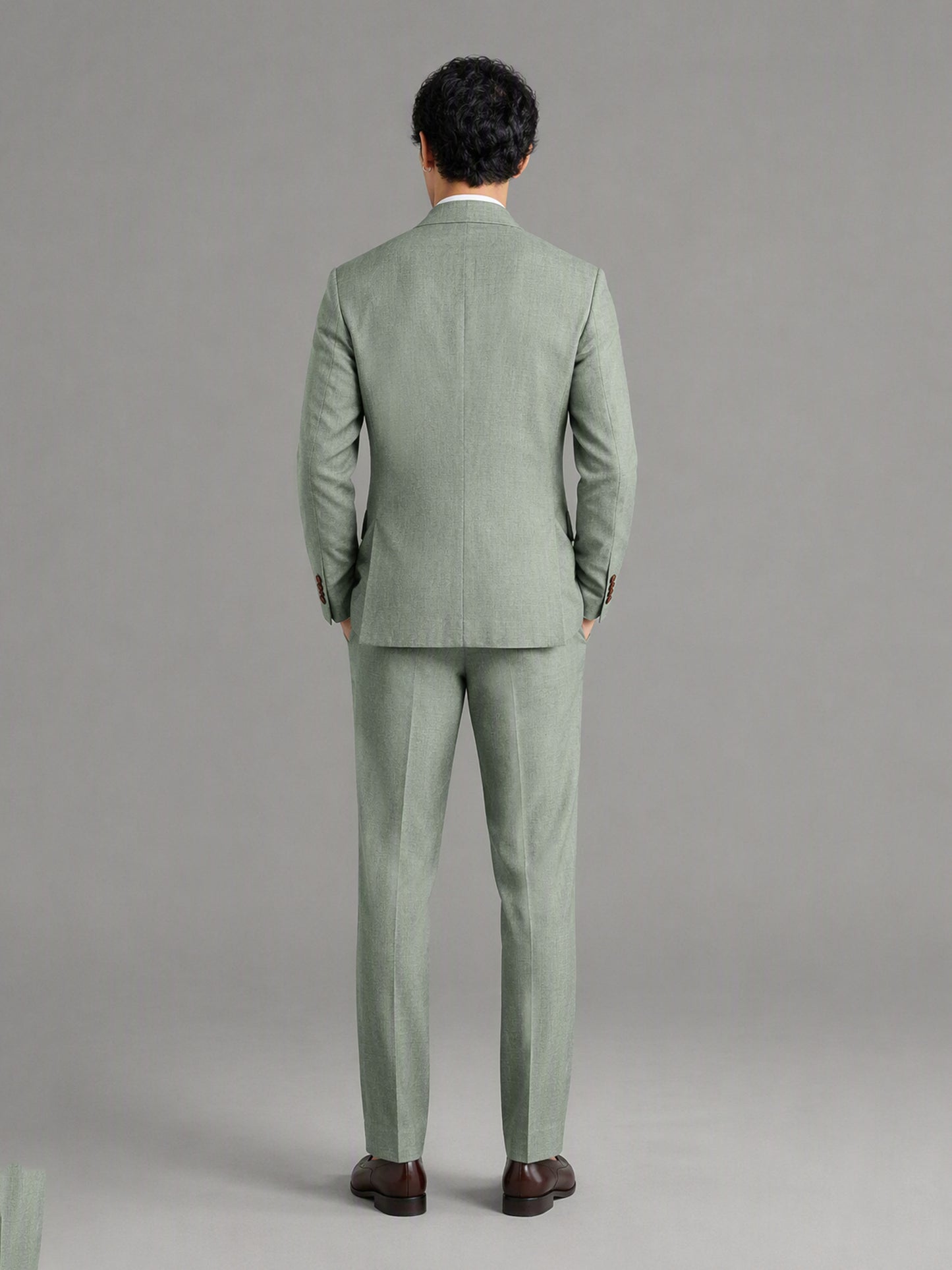 Savile GA0155 Men's Sage Green Double-Breasted Linen Suit – Front Full Body View with Brown Loafers