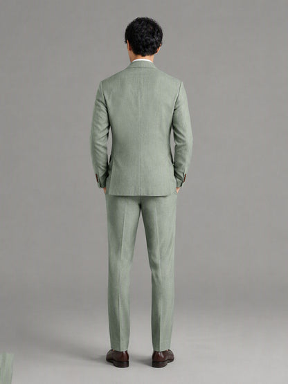 Savile GA0155 Men's Sage Green Double-Breasted Linen Suit – Front Full Body View with Brown Loafers
