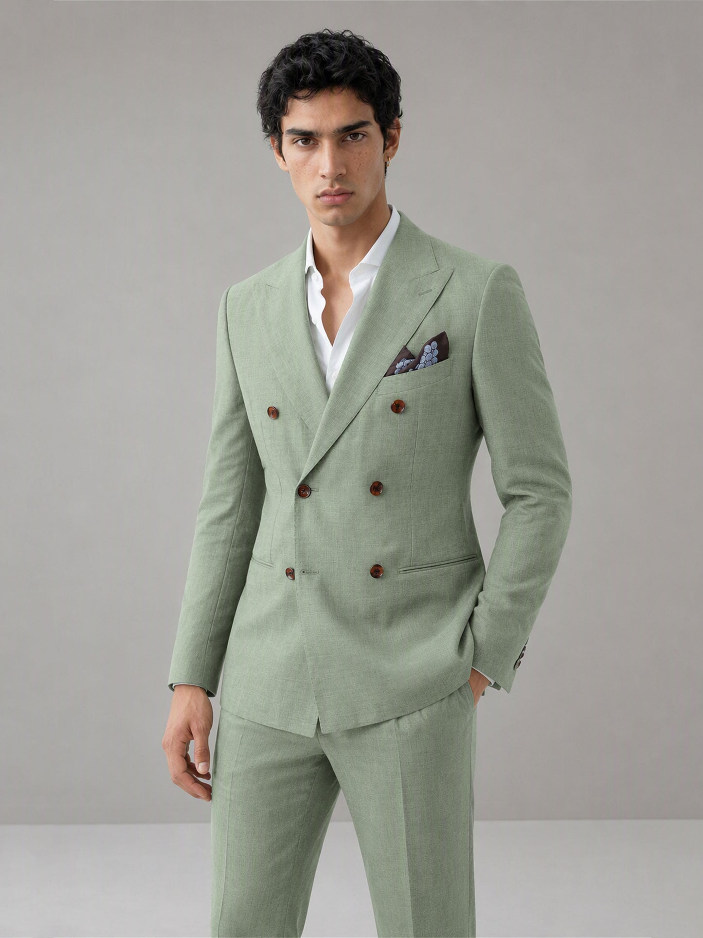 Savile GA0155 Men's Sage Green Double-Breasted Linen Suit – Side Profile View with Brown Suede Loafers