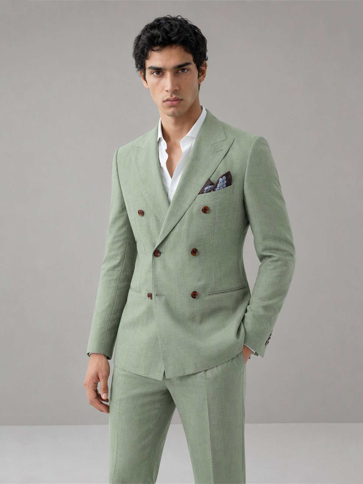 Savile GA0155 Men's Sage Green Double-Breasted Linen Suit – Side Profile View with Brown Suede Loafers