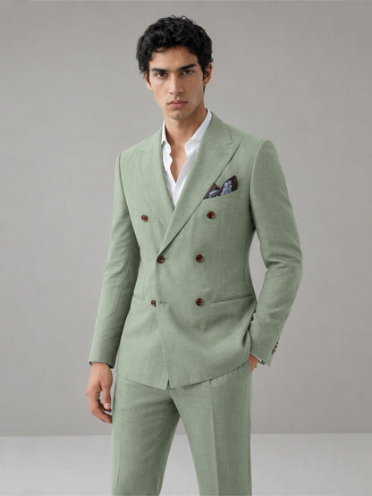 Savile GA0155 Men's Sage Green Double-Breasted Linen Suit – Side Profile View with Brown Suede Loafers