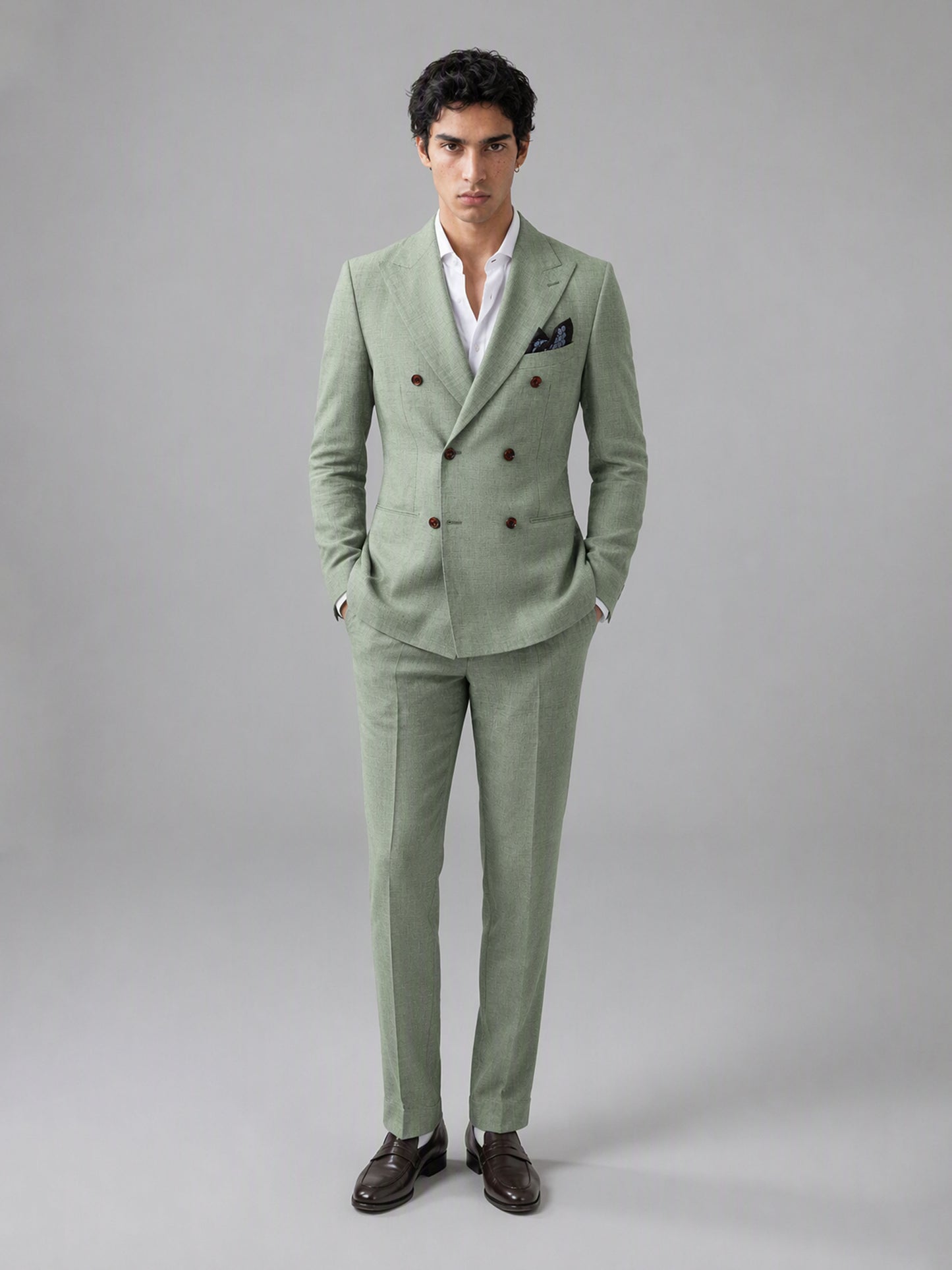 Savile GA0155 Men's Sage Green Double-Breasted Linen Suit – Back View with Brown Oxford Shoes