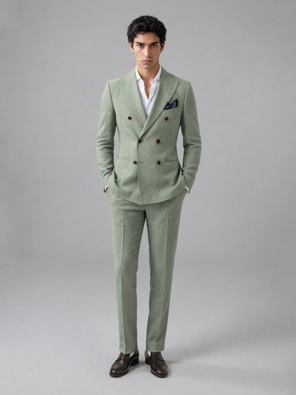 Savile GA0155 Men's Sage Green Double-Breasted Linen Suit – Back View with Brown Oxford Shoes