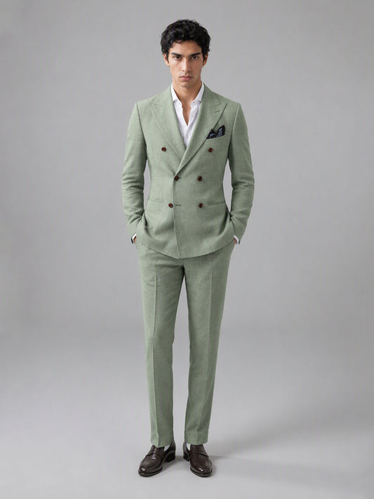 Savile GA0155 Men's Sage Green Double-Breasted Linen Suit – Back View with Brown Oxford Shoes