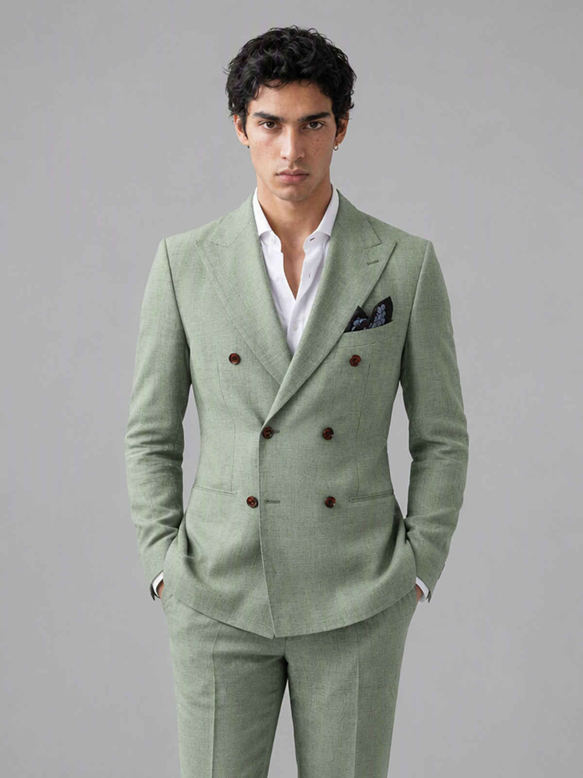 Savile GA0155 Men's Sage Green Double-Breasted Linen Suit – Front Close-Up with Peak Lapel & Pocket Square Detail