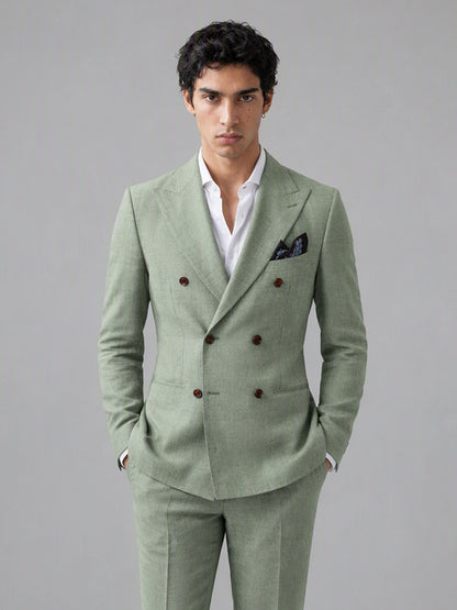 Savile GA0155 Men's Sage Green Double-Breasted Linen Suit – Front Close-Up with Peak Lapel & Pocket Square Detail