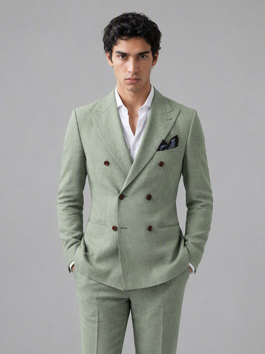 Savile GA0155 Men's Sage Green Double-Breasted Linen Suit – Front Close-Up with Peak Lapel & Pocket Square Detail