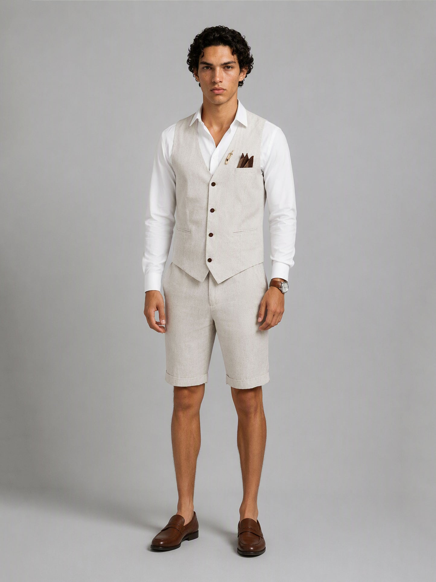 Savile GA0156 Men's Sand Beige Linen Vest & Shorts Set – Front Close-Up with Vest, Lapel Pin & Pocket Square Detail