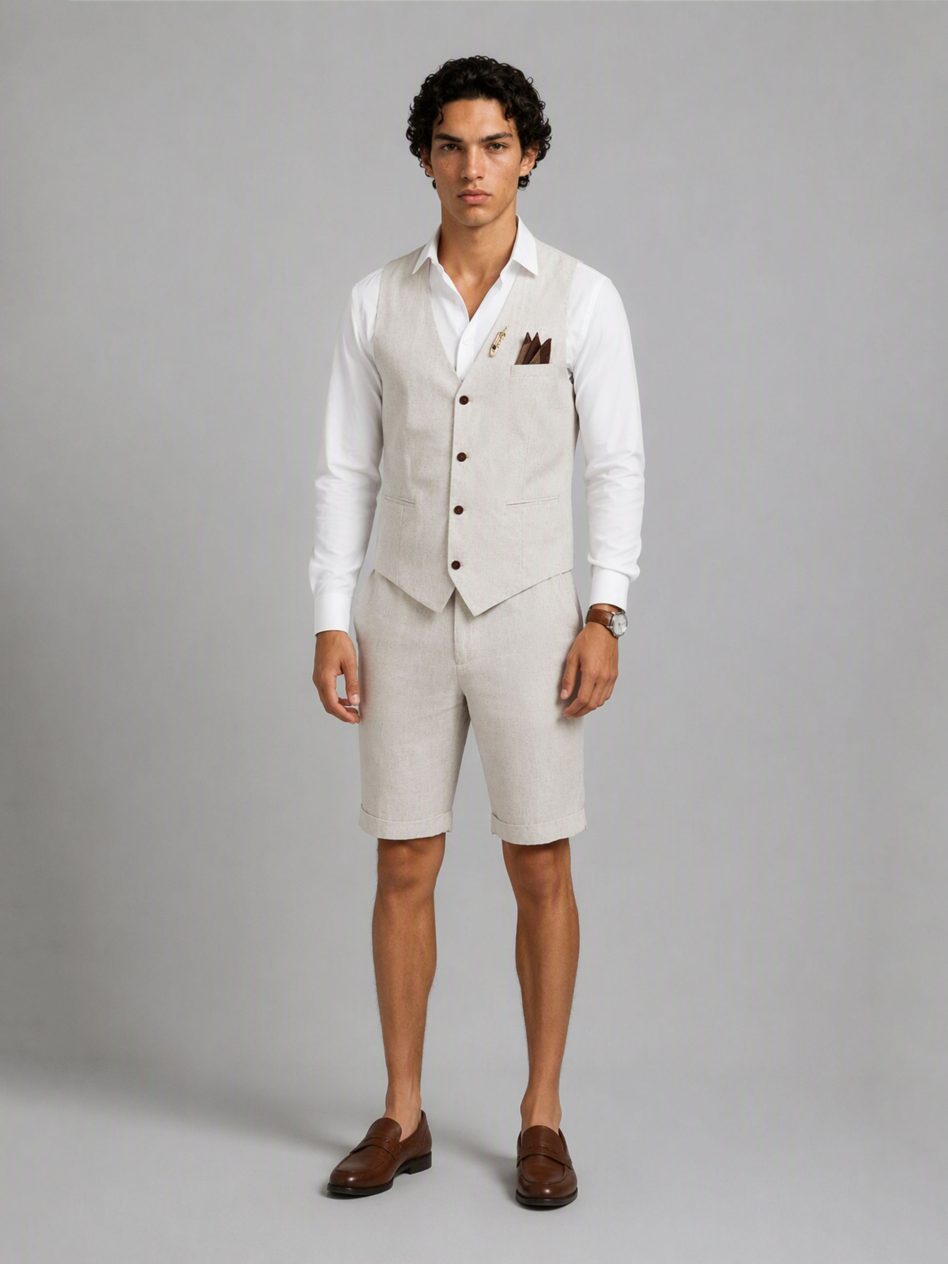 Savile GA0156 Men's Sand Beige Linen Vest & Shorts Set – Front Close-Up with Vest, Lapel Pin & Pocket Square Detail