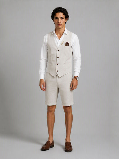 Savile GA0156 Men's Sand Beige Linen Vest & Shorts Set – Front Close-Up with Vest, Lapel Pin & Pocket Square Detail