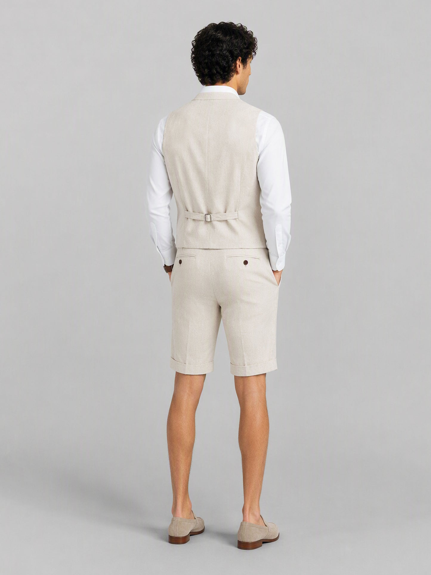 Savile GA0156 Men's Sand Beige Linen Vest & Shorts Set – Front Full Body View with Brown Loafers