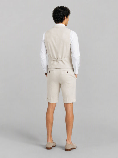 Savile GA0156 Men's Sand Beige Linen Vest & Shorts Set – Front Full Body View with Brown Loafers