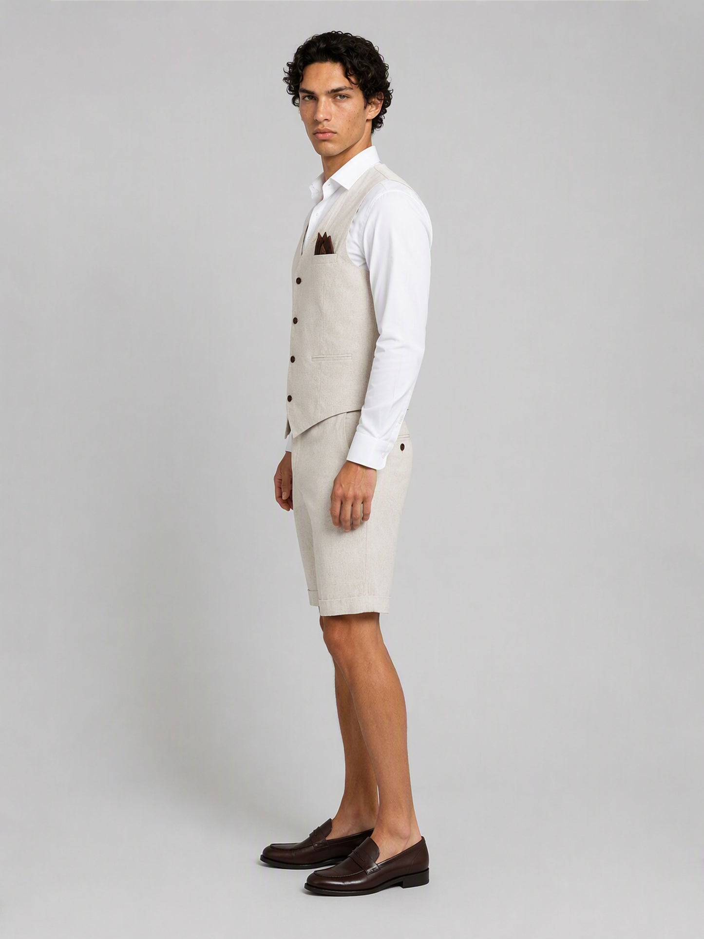 Savile GA0156 Men's Sand Beige Linen Vest & Shorts Set – Side Profile View with Brown Loafers