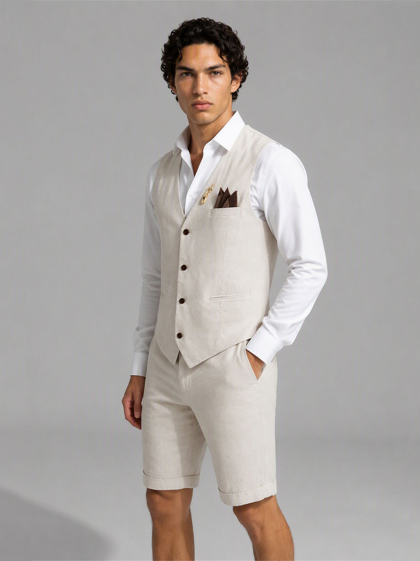 Savile GA0156 Men's Sand Beige Linen Vest & Shorts Set – 3/4 Angle Front View with Brown Loafers