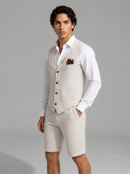 Savile GA0156 Men's Sand Beige Linen Vest & Shorts Set – 3/4 Angle Front View with Brown Loafers