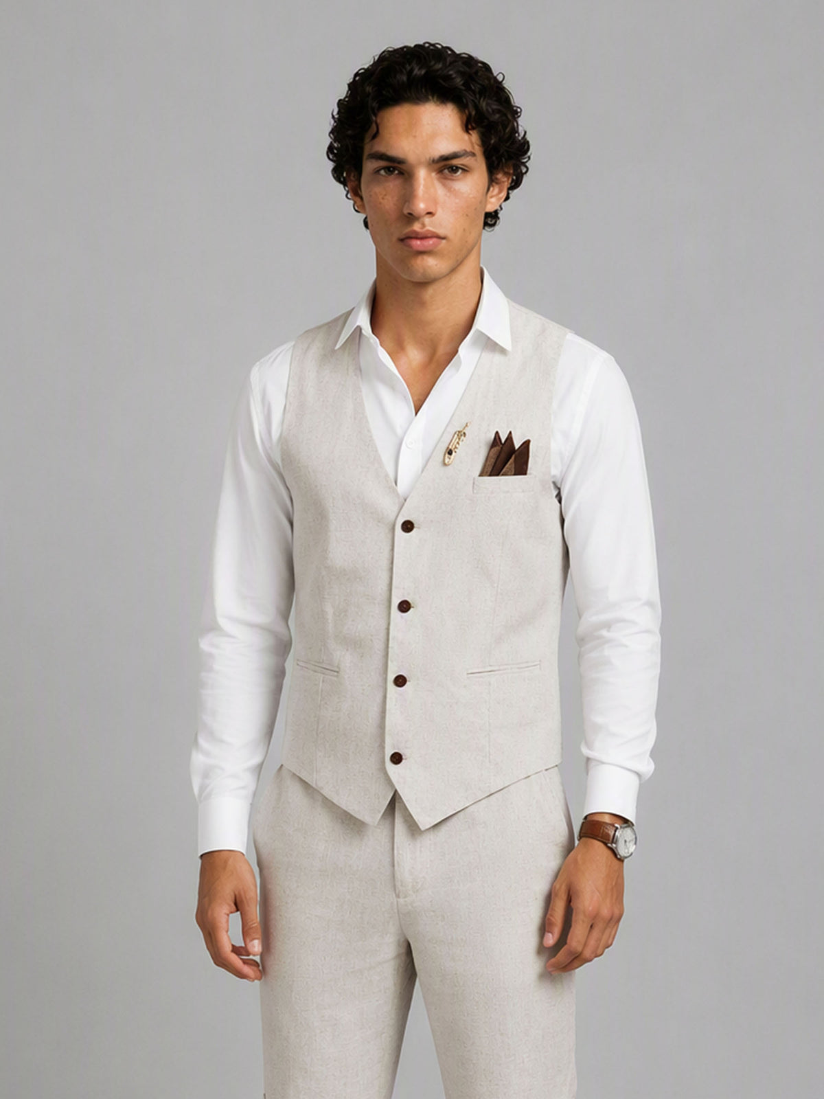 Savile GA0156 Men's Sand Beige Linen Vest & Shorts Set – Back View Showing Adjustable Strap & Cuffed Shorts
