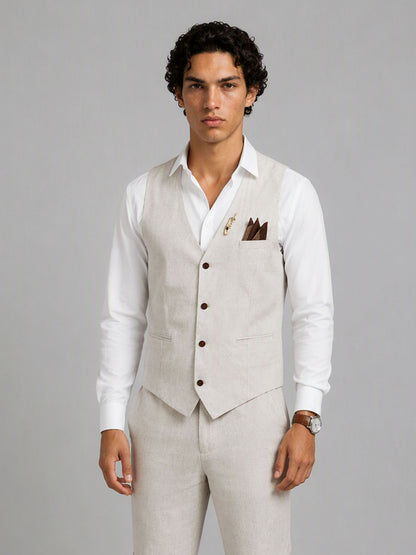 Savile GA0156 Men's Sand Beige Linen Vest & Shorts Set – Back View Showing Adjustable Strap & Cuffed Shorts