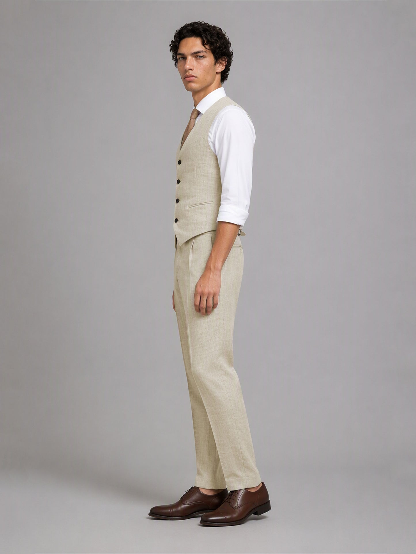 Savile GA0157 Men's Sand Beige Linen Vest & Trousers Set – Back View Showing Adjustable Strap & Pleated Trousers