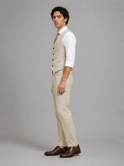 Savile GA0157 Men's Sand Beige Linen Vest & Trousers Set – Back View Showing Adjustable Strap & Pleated Trousers