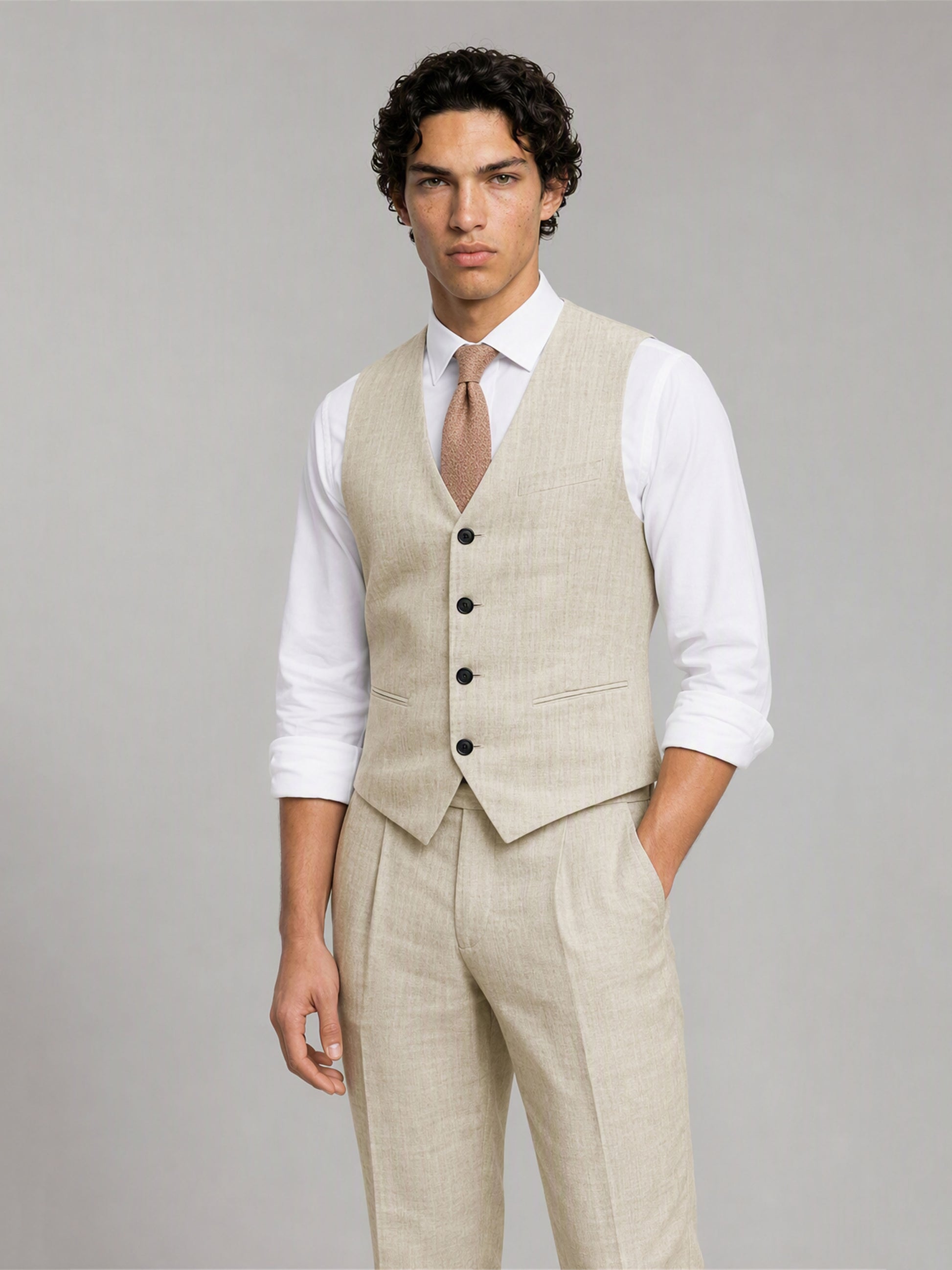 Savile GA0157 Men's Sand Beige Linen Vest & Trousers Set – 3/4 Angle Front View with Tie
