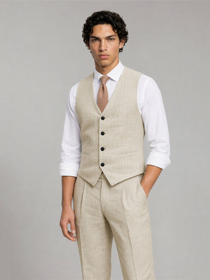 Savile GA0157 Men's Sand Beige Linen Vest & Trousers Set – 3/4 Angle Front View with Tie