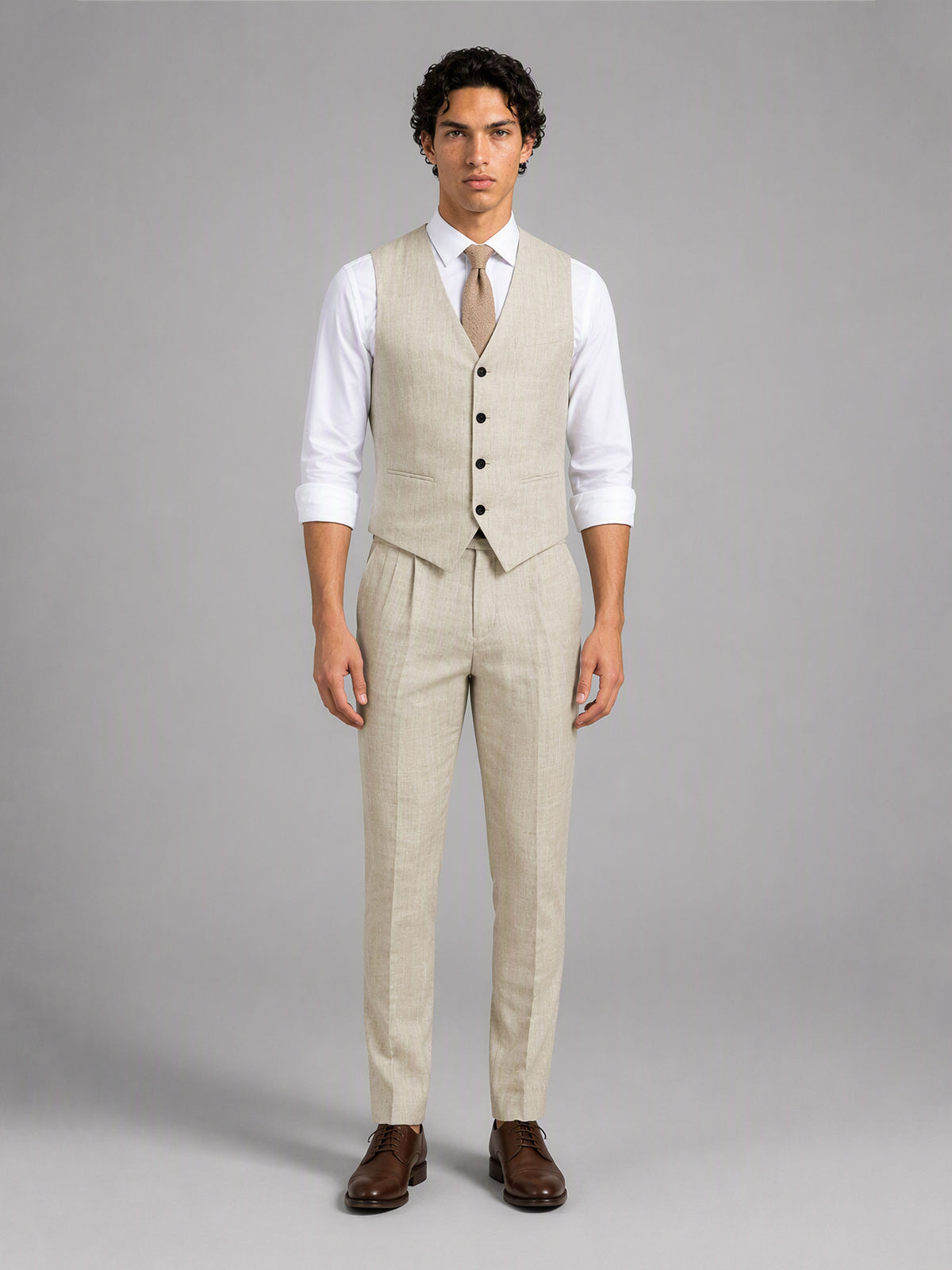 Savile GA0157 Men's Sand Beige Linen Vest & Trousers Set – Side Profile View with Brown Oxford Shoes