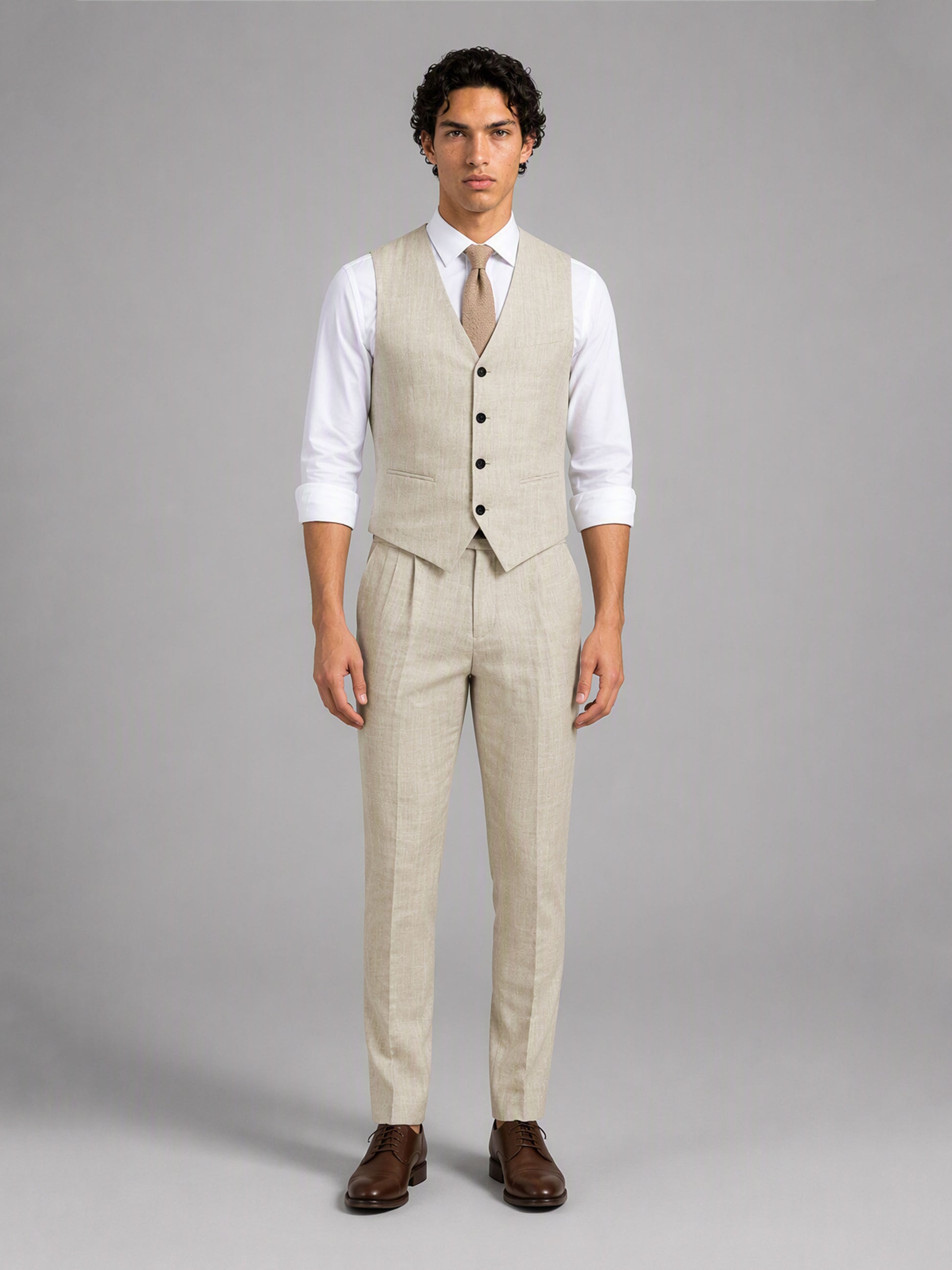 Savile GA0157 Men's Sand Beige Linen Vest & Trousers Set – Side Profile View with Brown Oxford Shoes
