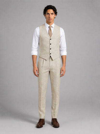 Savile GA0157 Men's Sand Beige Linen Vest & Trousers Set – Side Profile View with Brown Oxford Shoes