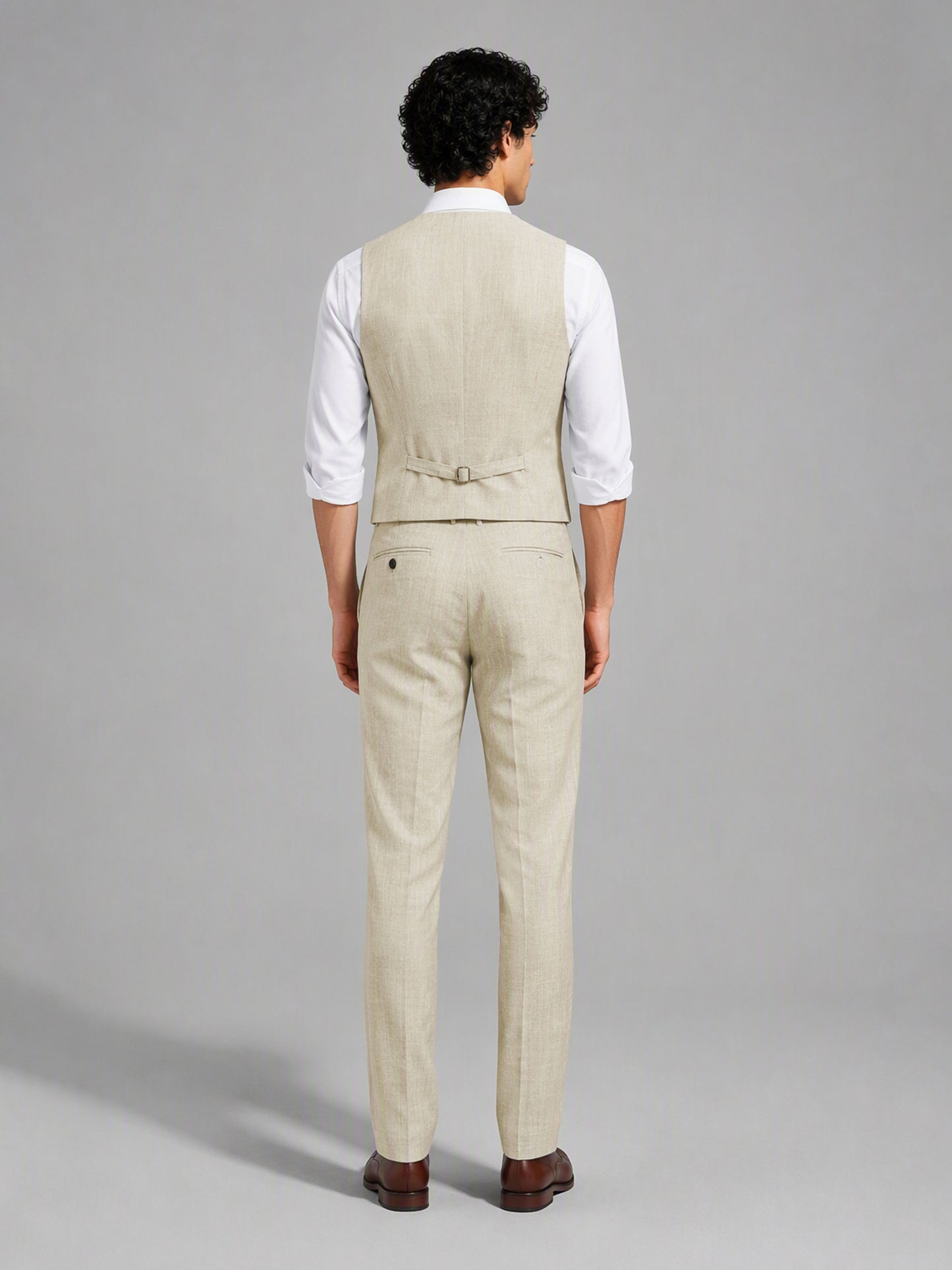 Savile GA0157 Men's Sand Beige Linen Vest & Trousers Set – Front Close-Up with Vest & Tie Detail