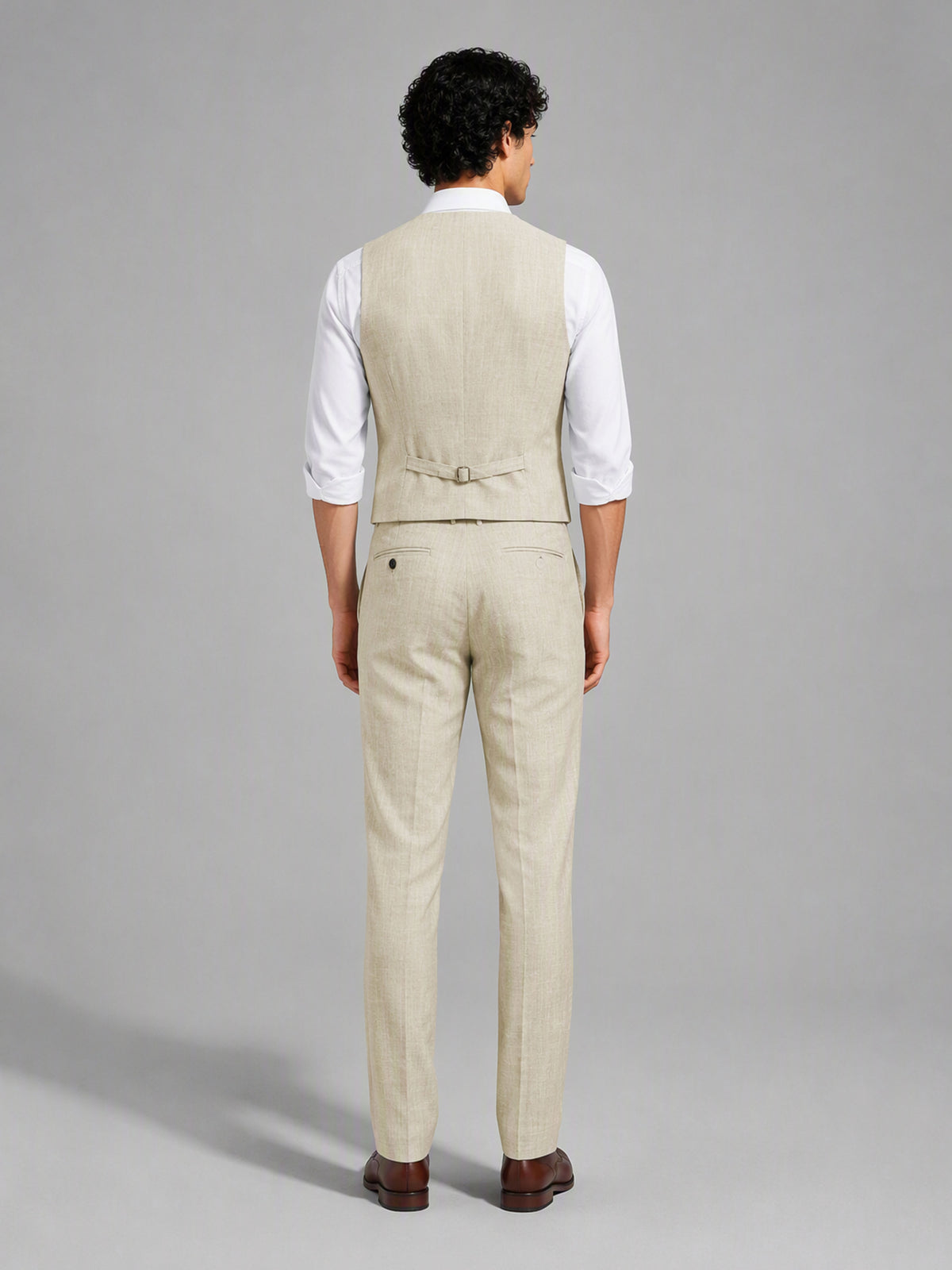 Savile GA0157 Men's Sand Beige Linen Vest & Trousers Set – Front Close-Up with Vest & Tie Detail