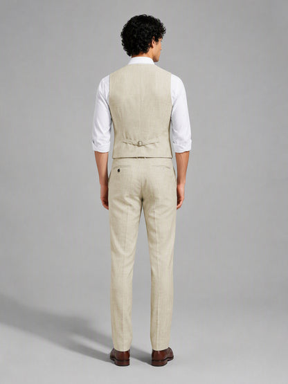 Savile GA0157 Men's Sand Beige Linen Vest & Trousers Set – Front Close-Up with Vest & Tie Detail