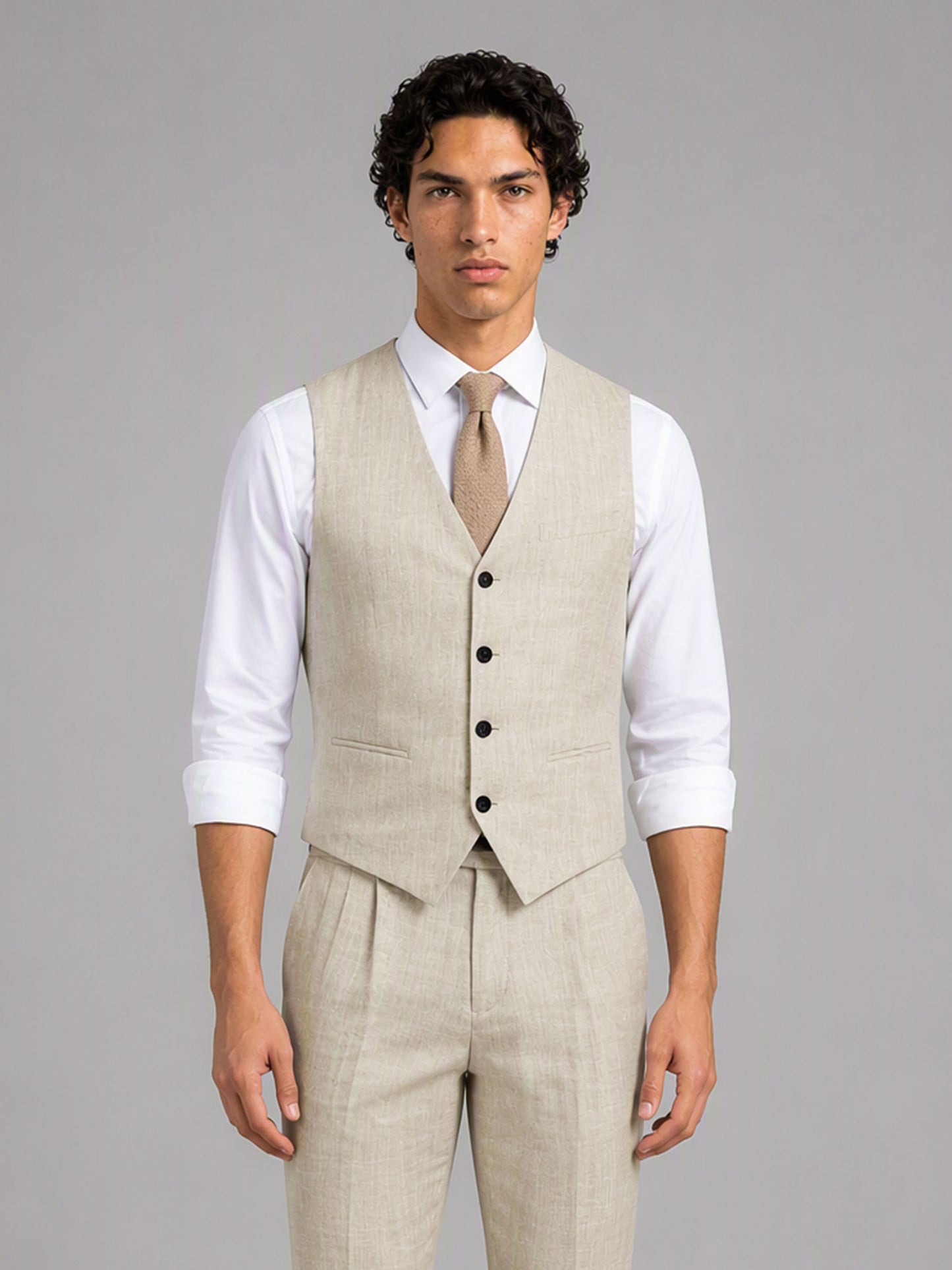 Savile GA0157 Men's Sand Beige Linen Vest & Trousers Set – Front Full Body View with Tie & Brown Oxford Shoes