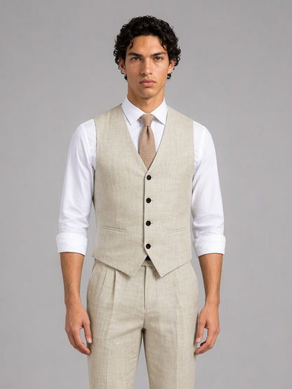 Savile GA0157 Men's Sand Beige Linen Vest & Trousers Set – Front Full Body View with Tie & Brown Oxford Shoes