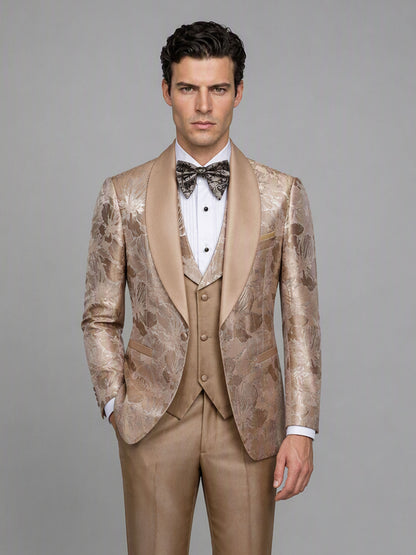 Savile GA0158 Men's Champagne Gold Floral Jacquard Tuxedo – Front Full Body View with Bow Tie & Brown Oxford Shoes