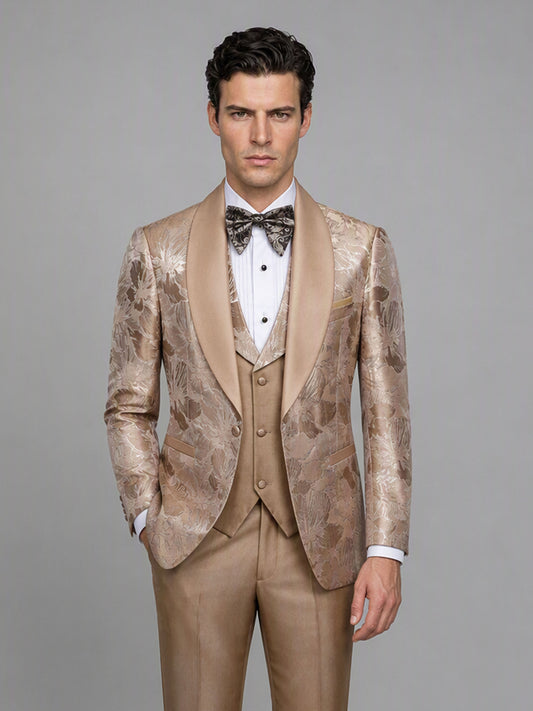 Savile GA0158 Men's Champagne Gold Floral Jacquard Tuxedo – Front Full Body View with Bow Tie & Brown Oxford Shoes