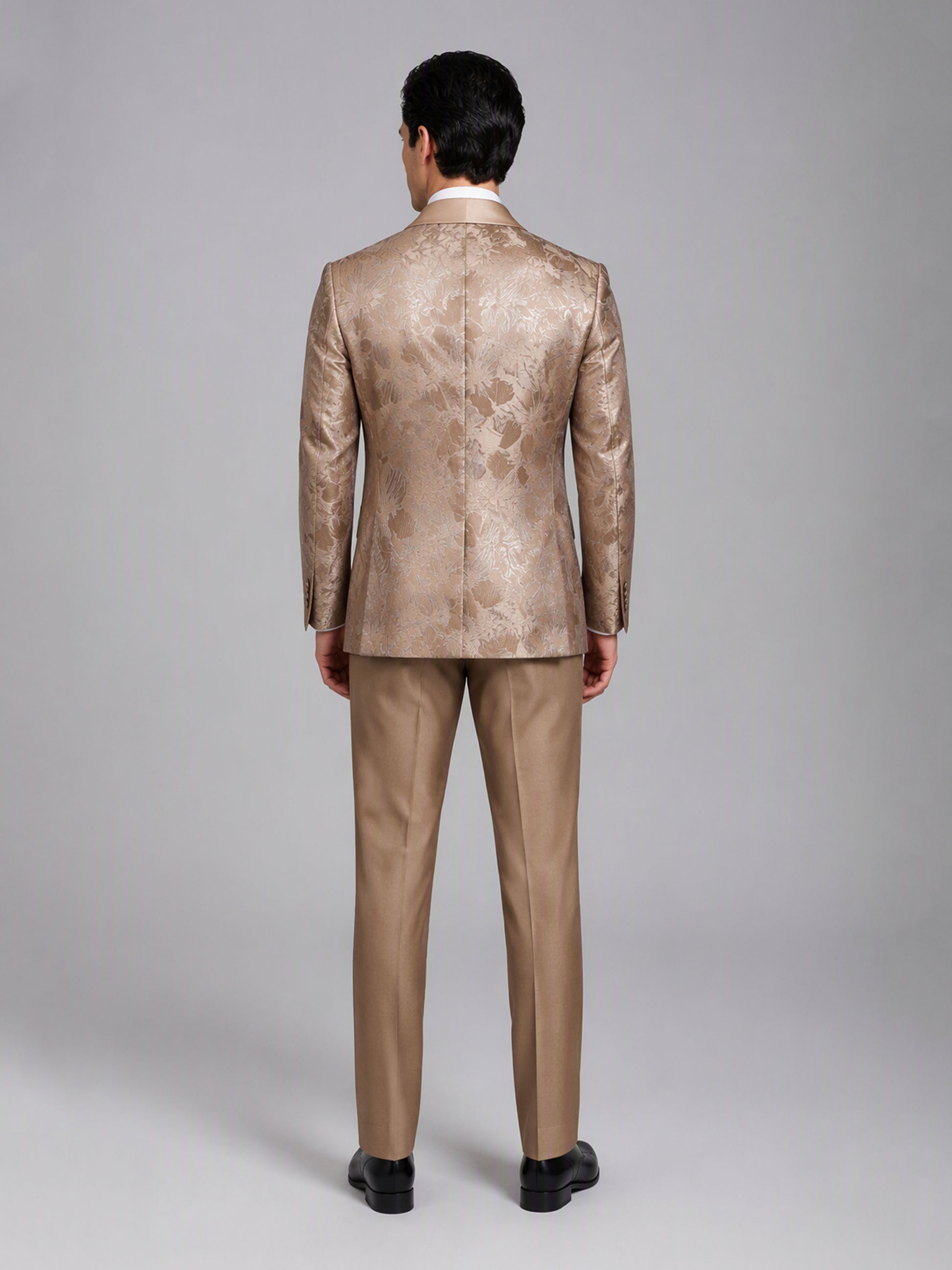 Savile GA0158 Men's Champagne Gold Floral Jacquard Tuxedo – Back View with Black Oxford Shoes